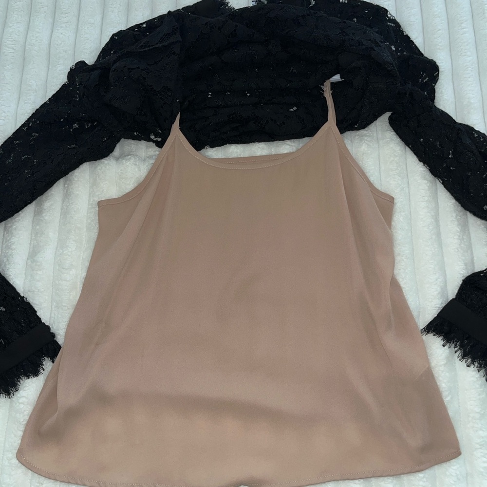 Revolve WAYF Berklin Lace Black Fitted Long Sleeve Blouse Top with Nude Tank Top - Picture 6 of 14